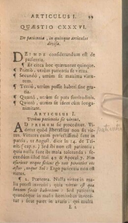 Quaestio CXXXVI. De patientiae, in quinque articulos divisa.
