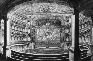 Dresden, Altes Hoftheater (Opernhaus, Semperoper: 1. Bau), Inneres, Stich nach Entwurfszeichnung von G. Semper (?)