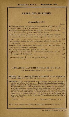 Table des matières. Septembre 1890.