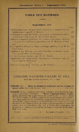 Table des matières. Septembre 1890.