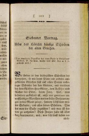 Siebenter Vortrag. Ueber das thörichte häufige Schwören der alten Griechen.
