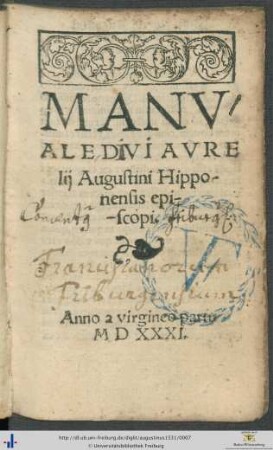 MANVALE DVI AVRElij Augustini Hipponensis episcopi.