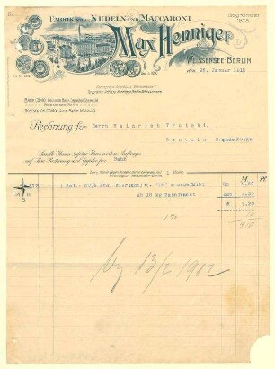 Rechnung von Max Henniger Fabrik an Herrn Heinrich Trotzki, Genthin - Brandenburg