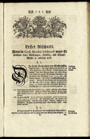Erster Abschnitt. Worin die Causa Mandati Inhibitorii wegen Eigenthum derer Waldungen, Heyden, und Schaaf - Weyde etc. erörtert wird.