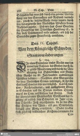 Das IX. Capitel. Von dem Königreiche Schweden : Staatsveränderungen