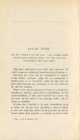 Aan de "Dame", die in 't nieuws van den dag, aan andere dames een-en-ander verteld heeft van "een leelijke bladzijde in een mooi boek"