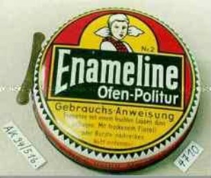 Blechdose mit Deckelheber für "Nr. 2 Enameline Ofen-Politur Gebrauchs-Anweisung" mit Inhalt