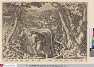 [Rebhuhnjagd, Jäger verstecken sich hinter einer Kuhattrappe; Partridge hunt using camouflage]