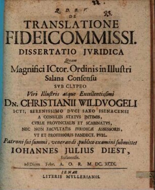 De Translatione Fideicommissi. Dissertatio Iuridica