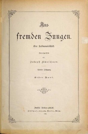 Aus fremden Zungen : Zeitschr. für d. moderne Erzählungslitteratur d. Auslandes. 4,1. 1894