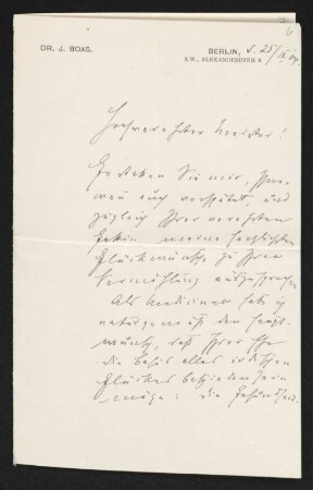 Brief von Ismar Boas an Gerhart Hauptmann