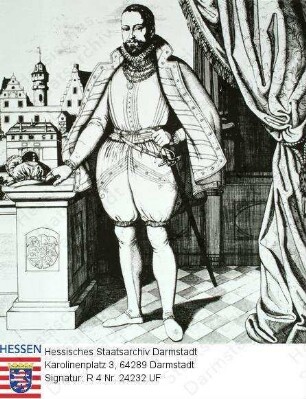 Georg I. Landgraf v. Hessen-Darmstadt (1547-1596) / Porträt, vor Kulisse des Darmstädter Schlosses stehend, Ganzfigur