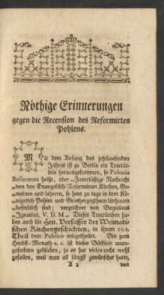 Nöthige Erinnerungen gegen die Recension des Reformirten Pohlens