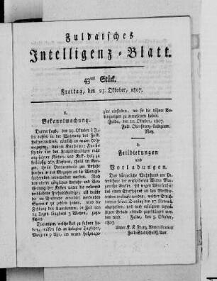 43tes Stück, Ausgabe vom 23. Oktober, 1807
