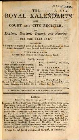 The Royal kalendar and court and city register for England, Scotland, Ireland and the colonies : for the year .... 1817, 1817