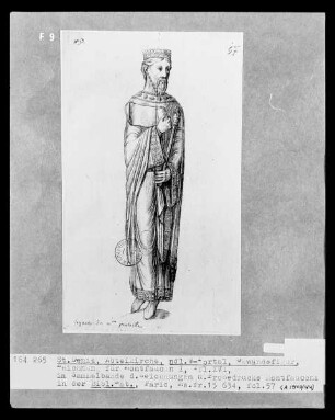 Les monuments de la monarchie française. Sammelband der Zeichnungen und Probedrucke Montfaucons — Saint-Denis, Abteikirche, Gewändefigur des nördlichen Westportals (für Bd. I, Taf. XVI), Folio fol. 57