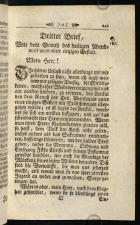 241-395, Dritter Brief, Von dem Genuß des heiligen Abendmals unter einer einzigen Gestalt.