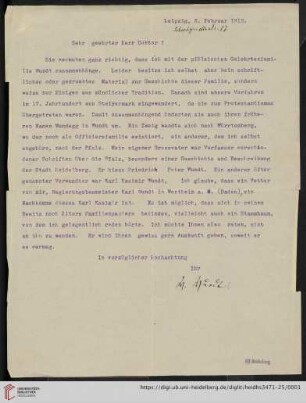 Brief von Wilhelm Wundt an Unbekannt Brief von Wilhelm Wundt an Unbekannt