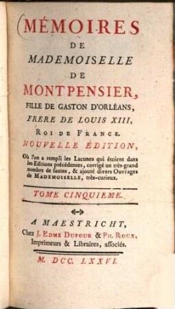 Mémoires, 5. - 338 S.