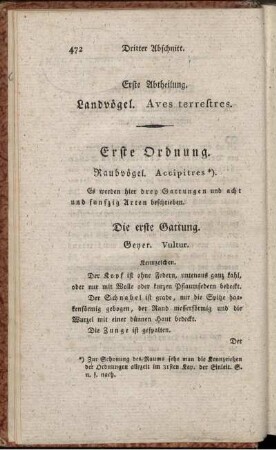 Erste Abtheilung. Landvögel. Aves terrestres. Erste Ordnung. Raubvögel. Accipitres.