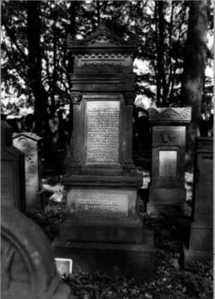 Grabstein 330 (Index: 100111958) Material: Sandstein, weiße Marmorplatte Zustand: verwittert Maße HxBxT: 245x76x46 cm Beschreibung: ädikulaartige Stele mit Säulen, getreppter Sockel, Giebel mit Mittel- und Eckakroteren, rechteckige Schriftplatten Symbolik: Blüten, Ranken / Zahnfries: Grabstein 330