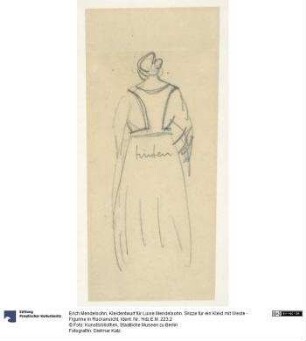 Kleidentwurf für Luise Mendelsohn. Skizze für ein Kleid mit Weste - Figurine in Rückansicht