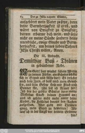Die III. Andacht. Demüthige Buß-Thränen in gebundener Rede.