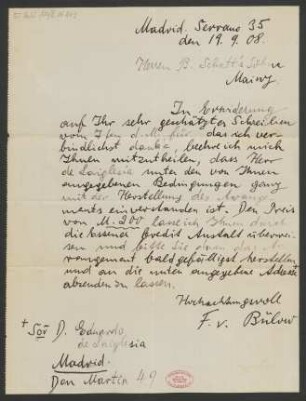 Brief an B. Schott's Söhne : 19.09.1908