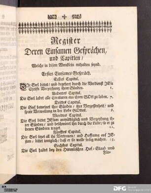 Register Deren Einsamen Gesprächen, und Capitlen / Welche in disem Wercklein enthalten seynd.
