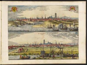 Zwei Stadtansichten von Dünkirchen, kolorierter Kupferstich, 1649 : Duynkercken a Septent. - Dunnkerka a Meridie : [gewidmet] Magistratui Urbis Dunkerckensis / D. D. Vedastus du Plouich. - [Amsterdam] : [Joan Blaeu], [1649]. - 2 Ansichten. : Kupferst. ; 49,2 x 37,6 cm. - Vermutl. aus: Novum Ac Magnum Theatrum Urbium Belgicae Foederatae. [Teil 2] : Ad praesentis temporis faciem expressum / a Ioanne Blaeu, Amstelaedamensi