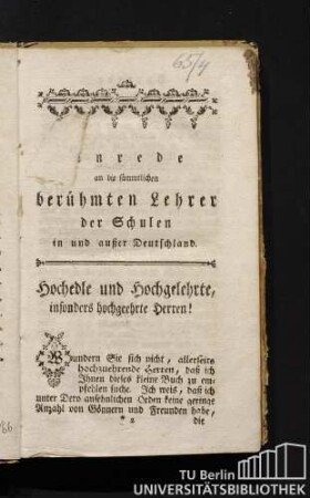 Anrede an die sämmtlichen berühmten Lehrer der Schulen in und außer Deutschland.