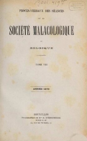 Procès-verbaux des séances de la Société Royale Malacologique de Belgique. 8. 1879