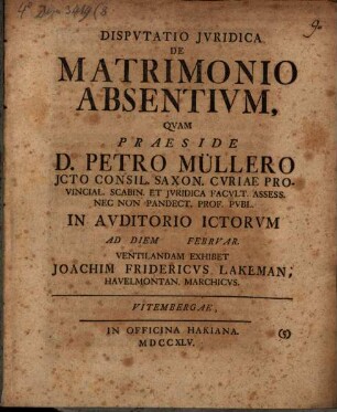 Disp. iur. de matrimonio absentium