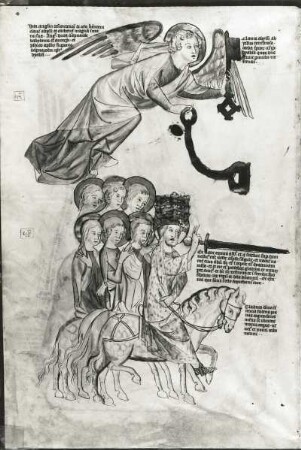19. Judaskuß & 19 b. Tryphon nimmt Jonathan gefangen : 19. Judaskuß & 19 b. Tryphon nimmt Jonathan gefangen. Illustration zu "Biblia pauperum und Apokalypsis", fol. 19v. Feder, aquarelliert, Pergament, 48,0 x 33,0 cm. Erfurt, um 1350. Klassik Stiftung Weimar, Herzogin Anna Amalia Bibliothek Fol.max.4