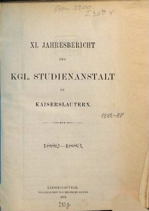 Jahresbericht der K. Studienanstalt zu Kaiserslautern. 1882/83