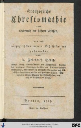Französische Chrestomathie zum Gebrauch der höhern Klassen