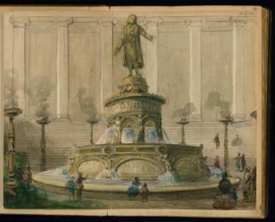 Schillerdenkmal auf dem Gendarmenmarkt, Berlin Monatskonkurrenz November 1859: Perspektivische Ansicht (Schauspielhaus im Hintergrund)