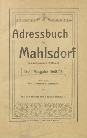 1905/1906: Adressbuch für Mahlsdorf : (einschliesslich Kolonie)