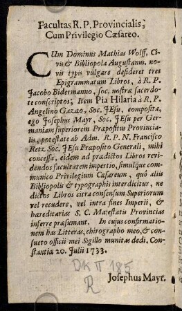 A2v-A2v, Facultas R. P. Provincialis, Cum Privilegio Caesareo.