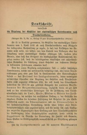 Denkschrift, betreffend die Regelung der Gehälter der etatsmäßigen Unterbeamten nach Dienstaltersstufen