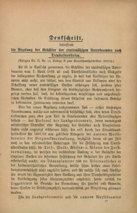 Denkschrift, betreffend die Regelung der Gehälter der etatsmäßigen Unterbeamten nach Dienstaltersstufen