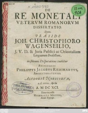 De Re Monetali Veterum Romanorum Dissertatio