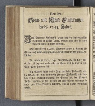 Von den Sonn- und Mond-Finsternissen dieses 1745. Jahrs.