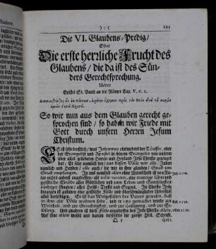 Die VI. Glaubens-Predig/ Oder Die erste herzliche Frucht des Glaubens/ die da ist des Sünders Gerechtsprechung.