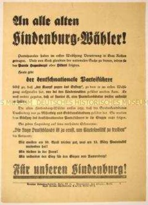 Programmatischer Wahlaufruf zur Unterstützung Paul von Hindenburgs im zweiten Wahlgang der Reichspräsidentenwahlen