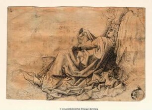 Johannes auf Patmos. Der Heilige sitzt an einen Felsen gelehnt, nach links