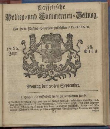 38. Stueck, Montag den 20ten September 1762