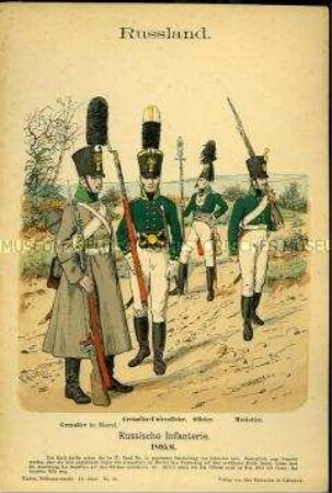 Uniformdarstellung, Grenadier, Grenadier-Unteroffizier, Offizier und Musketier der Infanterie, Kaiserreich Russland, 1805/1806.