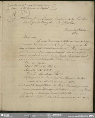 Eigenh. Briefabschrift von August Wilhelm von Schlegel an James Prinsep, Bonn, 29.10.1837