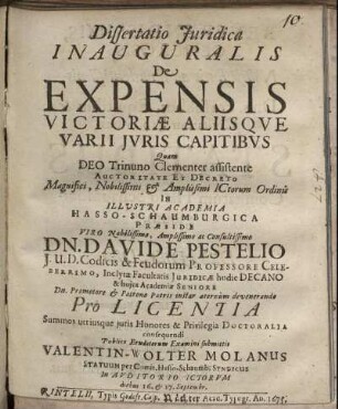 Dissertatio Iuridica Inauguralis De Expensis Victoriae Aliisque Varii Iuris Capitibus